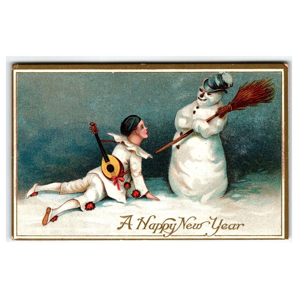 Vintage New Year Postcard Pierrot Clown Mandolin & Snowman Winter Scene No 47